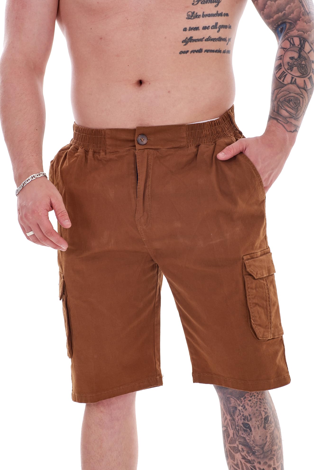 Malay Mens Shorts Cotton Cargo Combat Casual Elasticated Wash Fabric Zip Shorts (as8, Alpha, xx_l, Regular, Regular, Tan Brown)