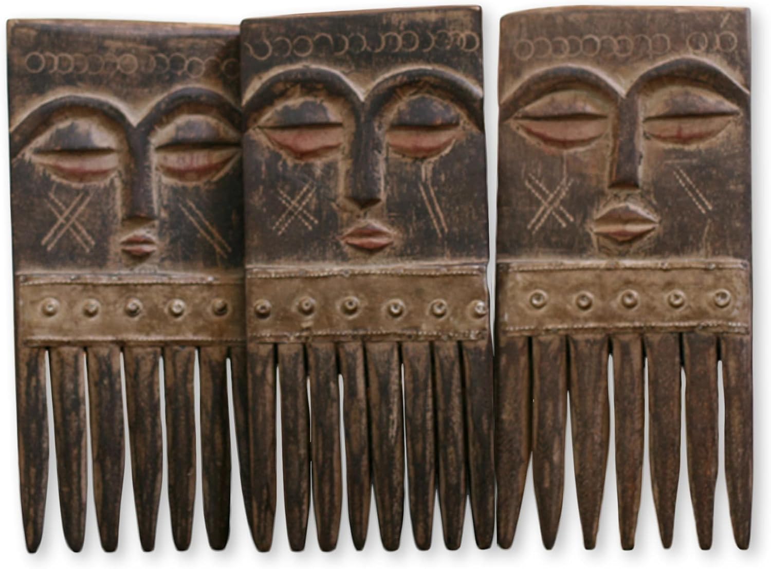 NOVICA Handcrafted Carved Brown Wood Comb Sculptures with Faces Wall Art, Ashanti Wisdom' (Set of 3)