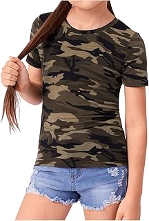 Girl's Camo Print Short Sleeve Tee Shirt Crew Neck Summer Casual Tee Tops