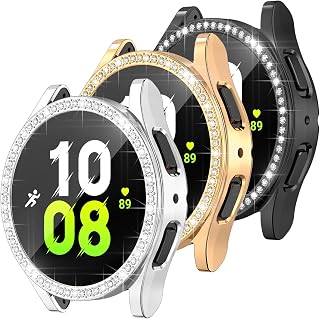 Case Compatible with Samsung Galaxy Watch 5 & Galaxy Watch 4 40mm 44mm Accessories Bling Diamond Crystal Soft TPU Protective Face Cover for Women Girls (Black+Silver+Rose Gold, 40mm
