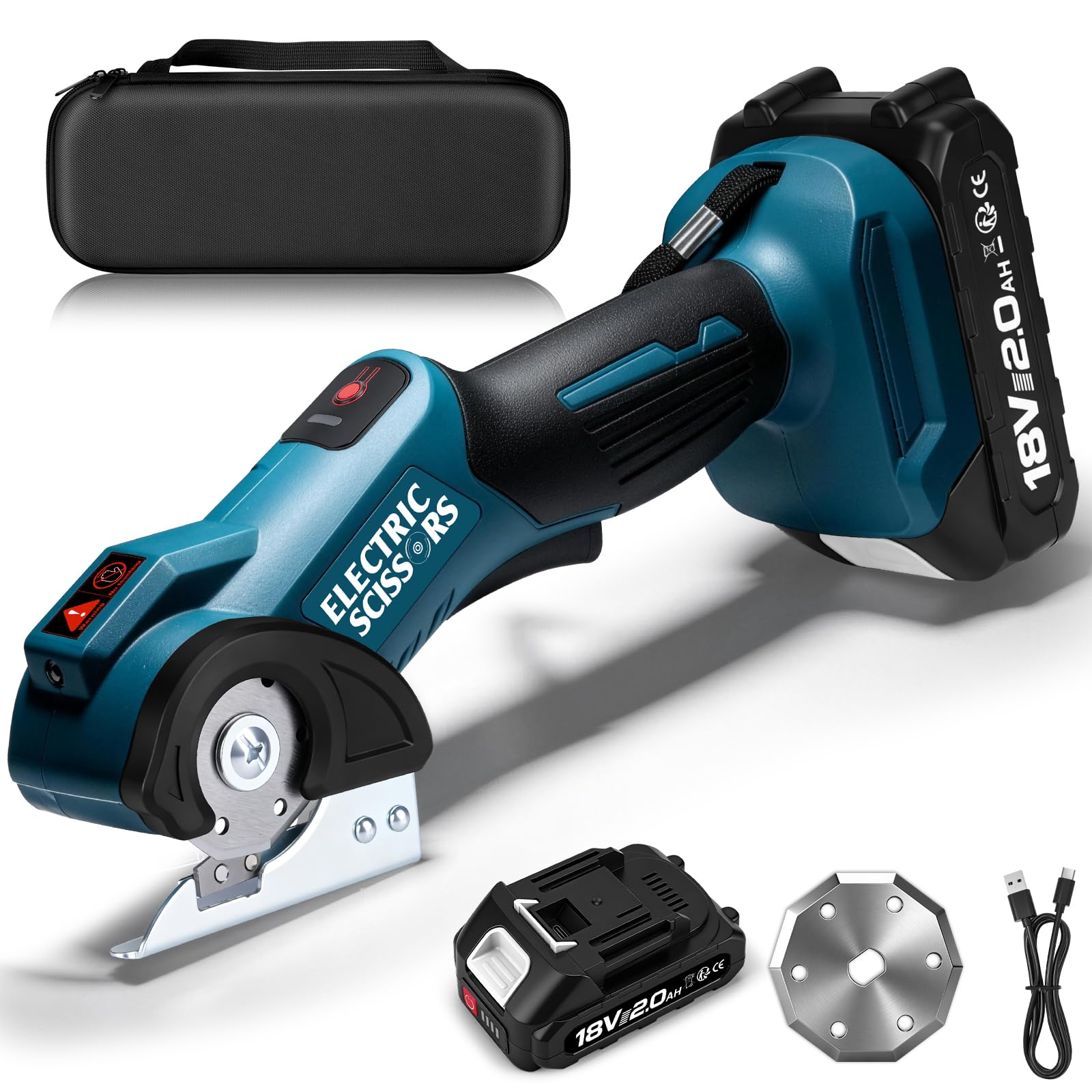 Forbici Elettriche Senza Fili, Profondità di Taglio 9 mm, 440 giri/min | Cutter rotante elettrico con batteria da 2000 mAh, 2 lame, display LED, compatibile con batteria Makita 18 V