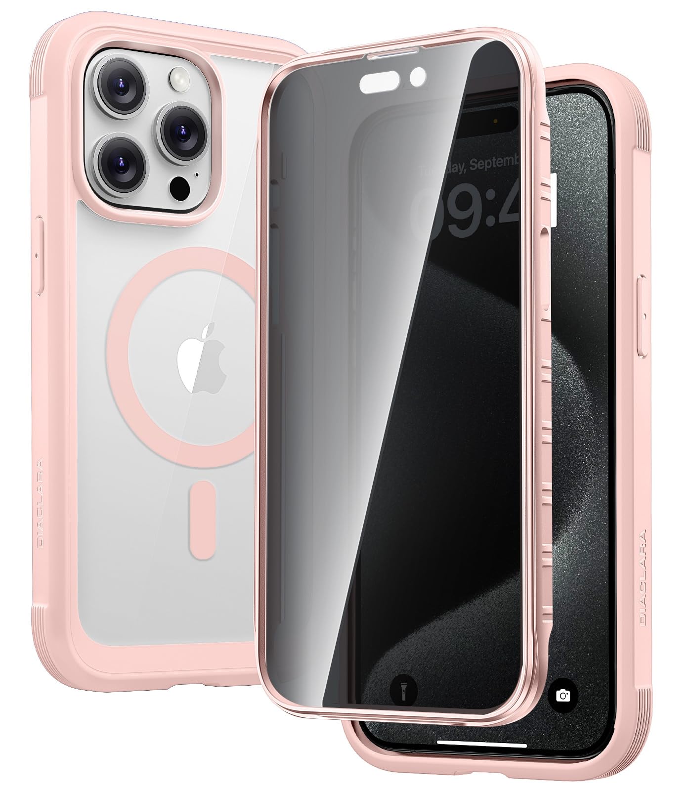 Diaclara Magnetic Designed for iPhone 15 Pro Max Case Full Body Bumper, [Compatible with MagSafe] Military Drop Proof Cover with Built-in Privacy Screen Protector,Pink