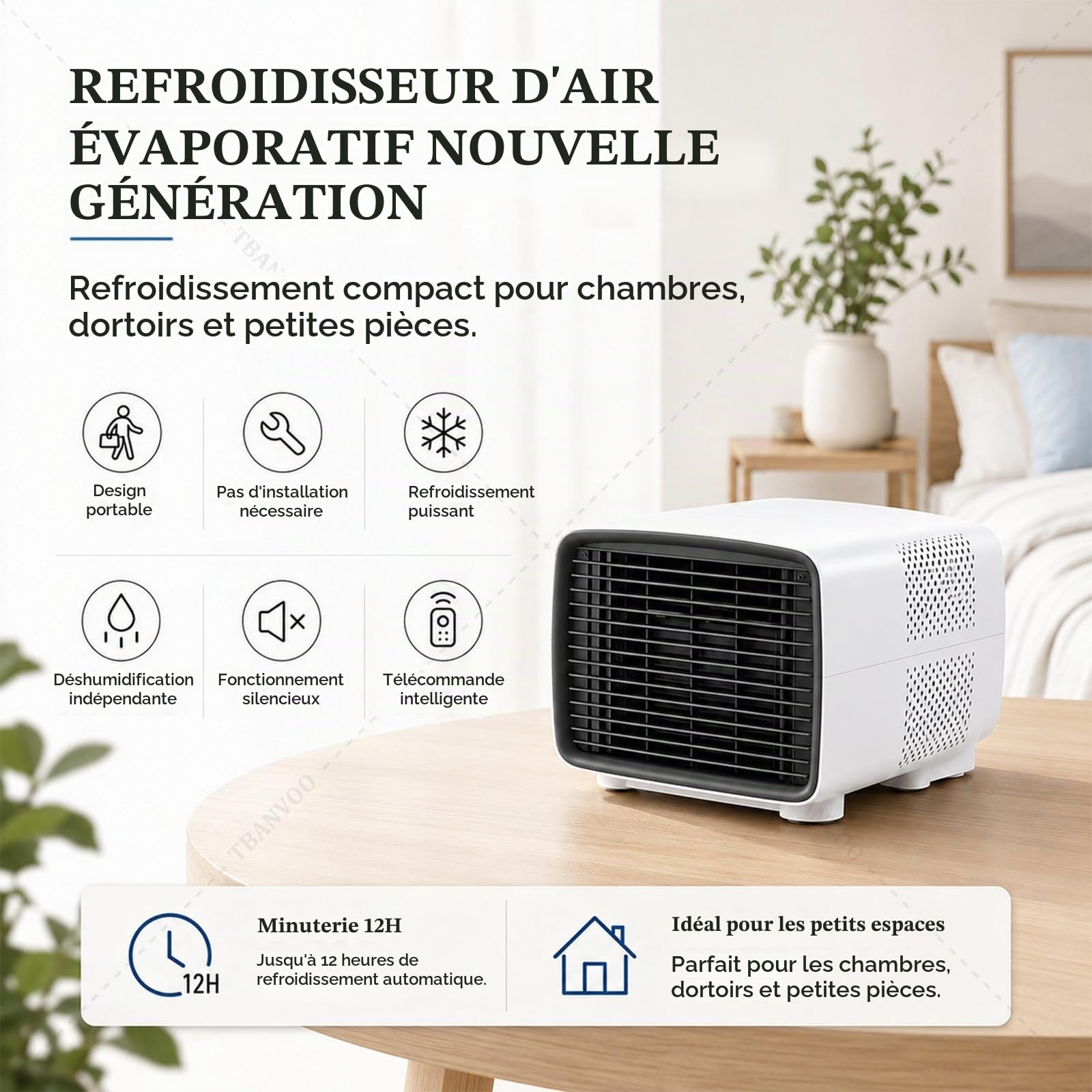 3000BTU Climatiseur Portable, 280W Basse Consommation, Refroidit, Ventile et Déshumidifie, Écran Tactile sans Fil, Ultra-Silencieux pour Caravane, Camping et Bureau de Cuisine