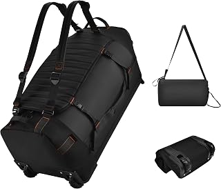 바퀴가 달린 접이식 롤링 더플 백 - 76.2cm(30인치) 엑스트라 라지 방수 여행용 백팩, 신발 수납 공간, 남성용 캠핑, 스포츠 및 비행기 여행을 위한 튼튼한 TSA 승인 수하물, 블랙.