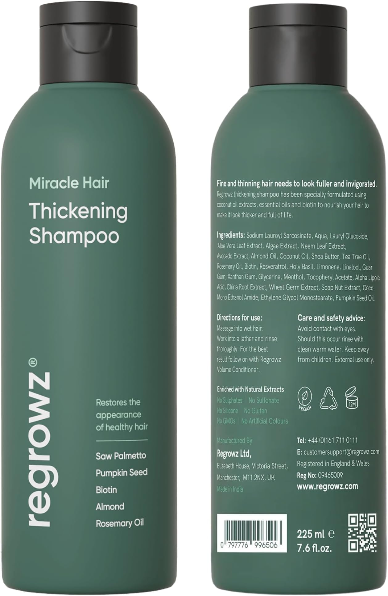 Regrowz Organic Hair Thickening Shampoo with Biotin & Rosemary Oil - 225ml - Natural Anti Hair Loss Treatment - Suitable for Men & Women