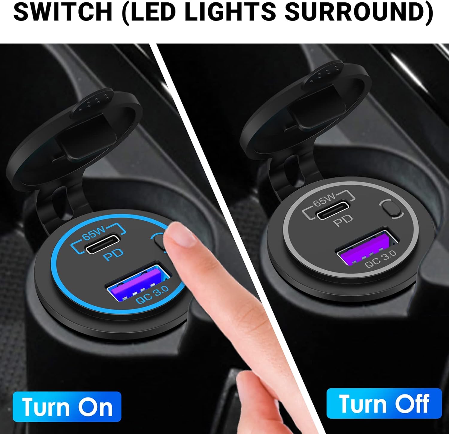 12V USB Outlet Laptop Charger: Newest 2 Pack 65W USB-C PD3.0 and 18W QC3.0 Multi Car USB Port 12V Socket USB Charger with LED Voltmeter and Power Switch