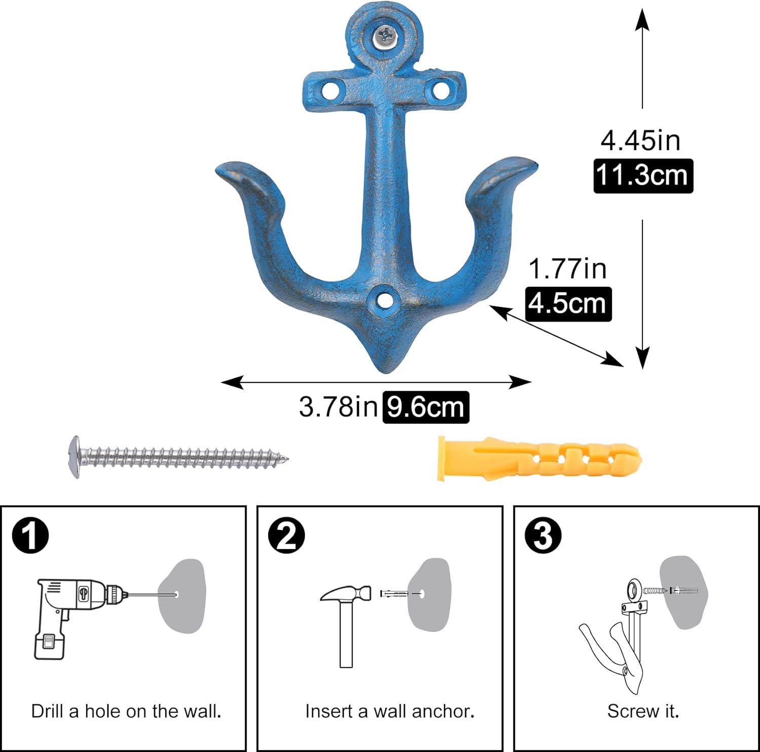 XINGYAN Vintage Rustic Cast Iron Nautical Sea Anchor Design Wall Hooks,Home Coat Rack,Decorative Wall Mounted Antique Shabby Chic Metal Bathroom Towel,Coat Hooks,Hanger,Screws Inside (Blue[4pcs]) - Image 4