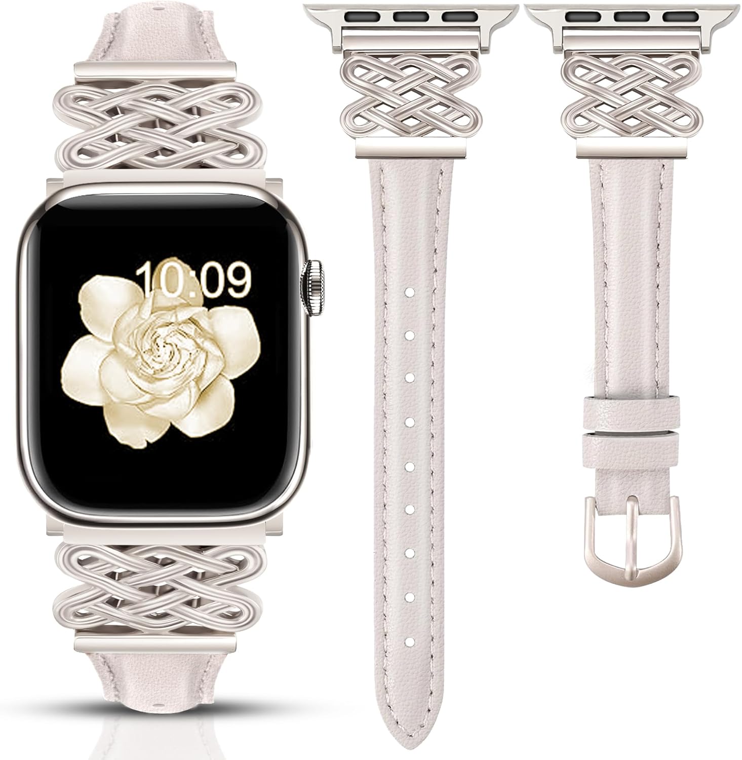 Leather Band for Women Slim Dressy Bands Compatible with Apple Watch 38mm 40mm 41mm 42mm 44mm 45mm 49mm, Designer Interlock Buckle Strap for iWatch Series 10/9/8/7/6/5/4/3/2/1/SE/Ultra