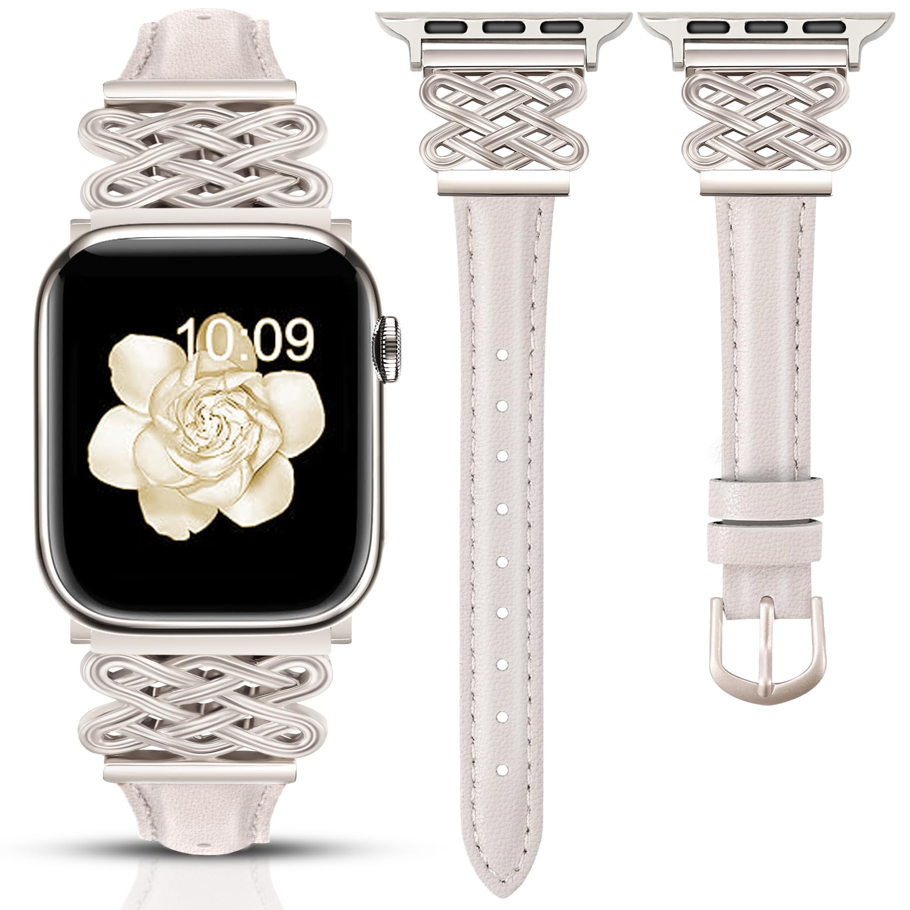 Newlibery Leather Band for Women Slim Dressy Bands Compatible with Apple Watch 38mm 40mm 41mm 42mm 44mm 45mm 49mm, Designer Interlock Buckle Strap for iWatch Series 10/9/8/7/6/5/4/3/2/1/SE/Ultra