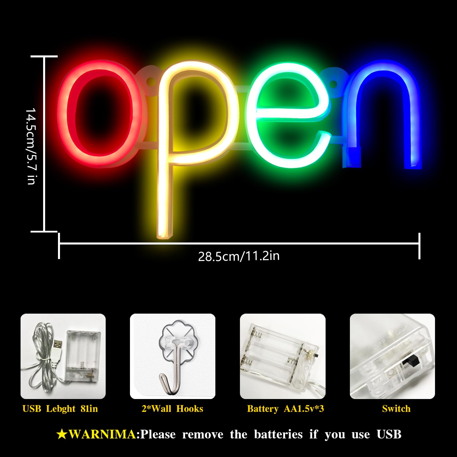 Insegna LED NEON Aperto 42x22 Cm, Alimentazione USB, Luminosità Regolabile, Con Indicatore Orario E Catena Per Appendere