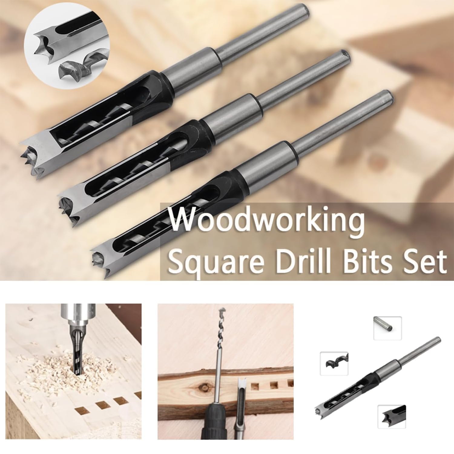 Uptodateproducts 3pcs Woodworking Square Hole Drill Bits Mortising Chisel Set, Countersink Bits Woodworker Hole Saw Power Tool Kits Tool Set 8MM 10MM 12MM 3