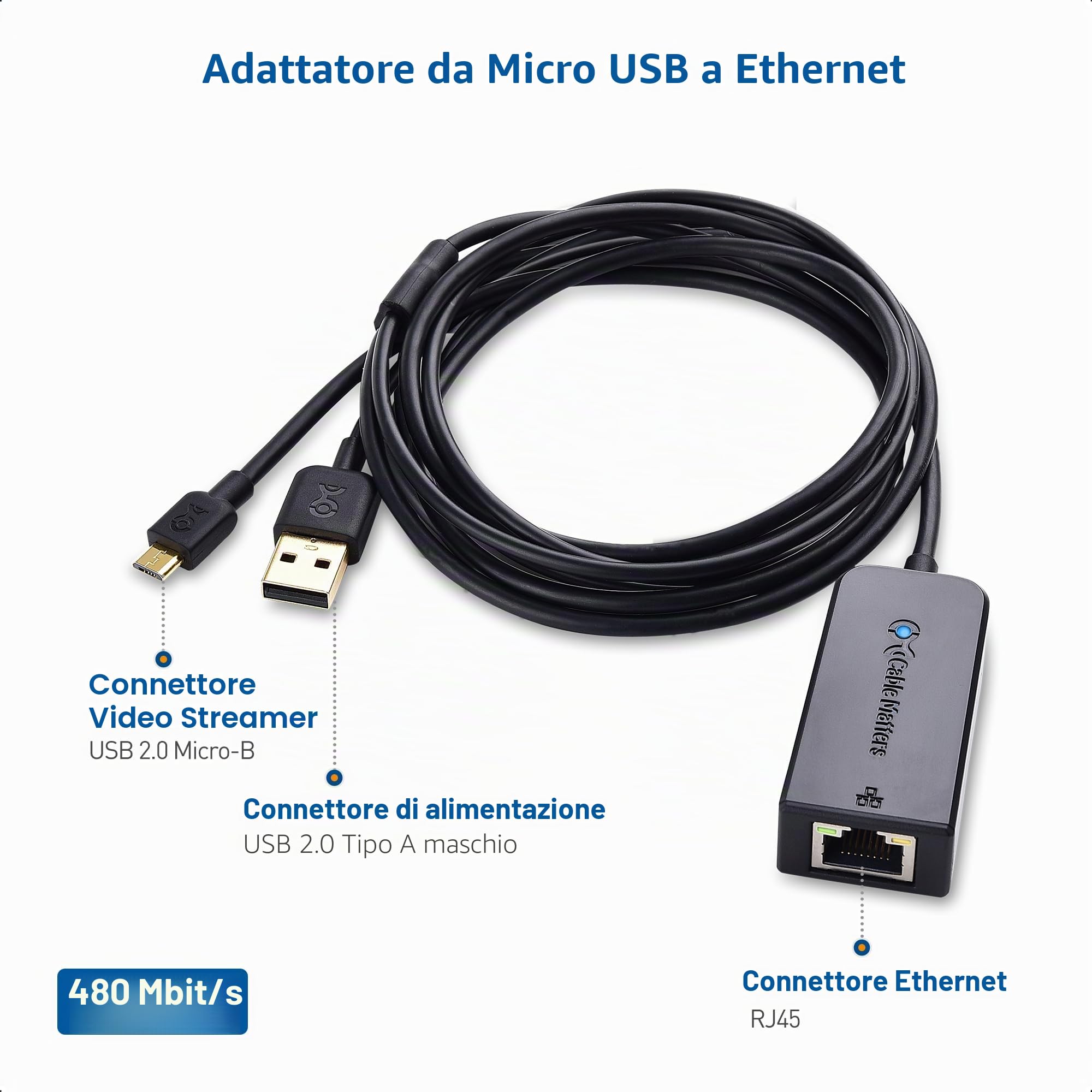 Cable Matters Adattatore Micro USB-A Ethernet Fino | Fire TV Stick LAN adattatore, Fire TV LAN, Einschließlich Chromecast, Google Home Mini e più
