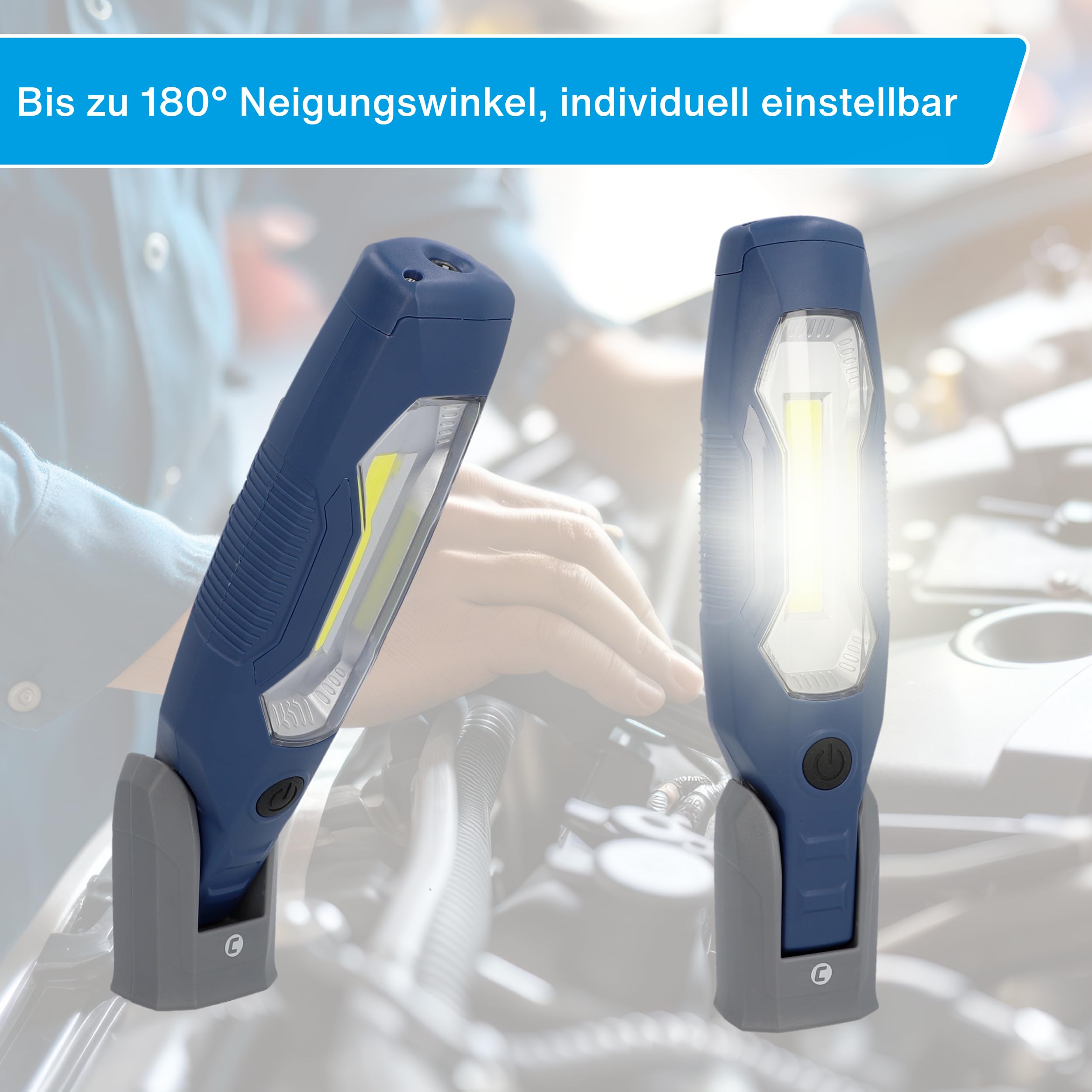 cartrend Lampa warsztatowa LED, wysoka jasność, 600 lumenów, światło powierzchniowe, akumulator 2600 mAh, trzy tryby oświetlenia, hak obrotowy 360°, wytrzymała obudowa ABS