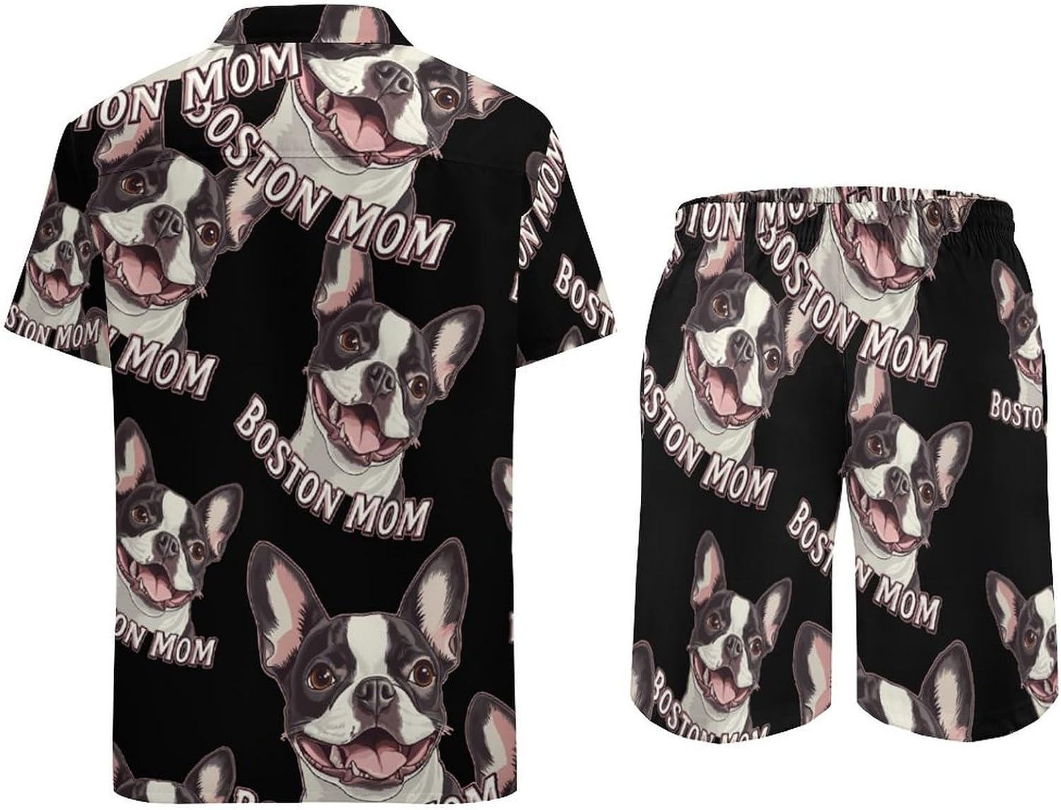Boston Mom Terrier Dog Face Men's Summer Beach 2 Piece Outfits | hawaiian button down shirt and shorts,vacation cruise,mens bathing suit