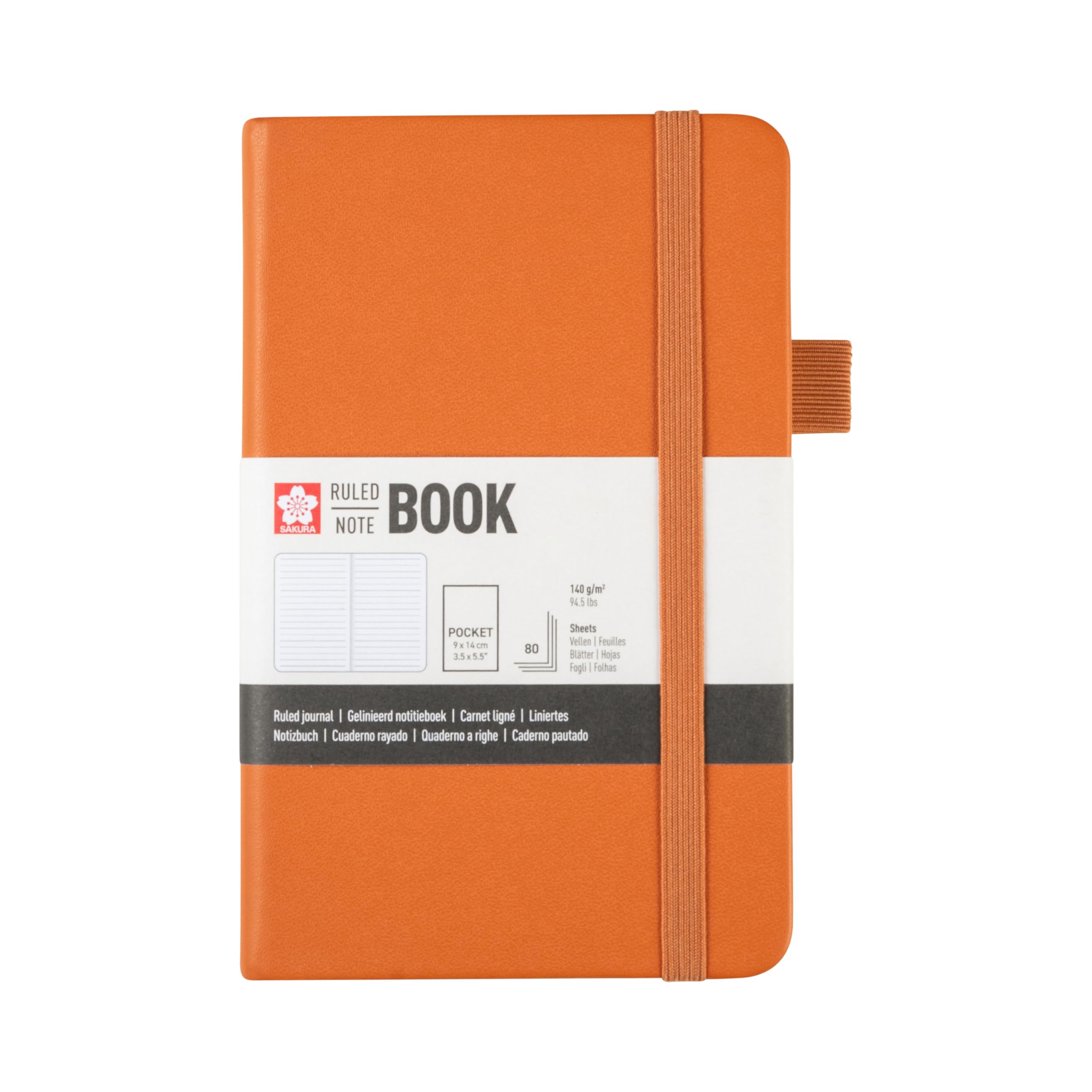 Sakura Ruled Hard Cover Notebook Pocket Amber, 80 Sheets of FSC-Certified Paper, Elastic Closure and Expandable Pocket, 14 x 9 cm.