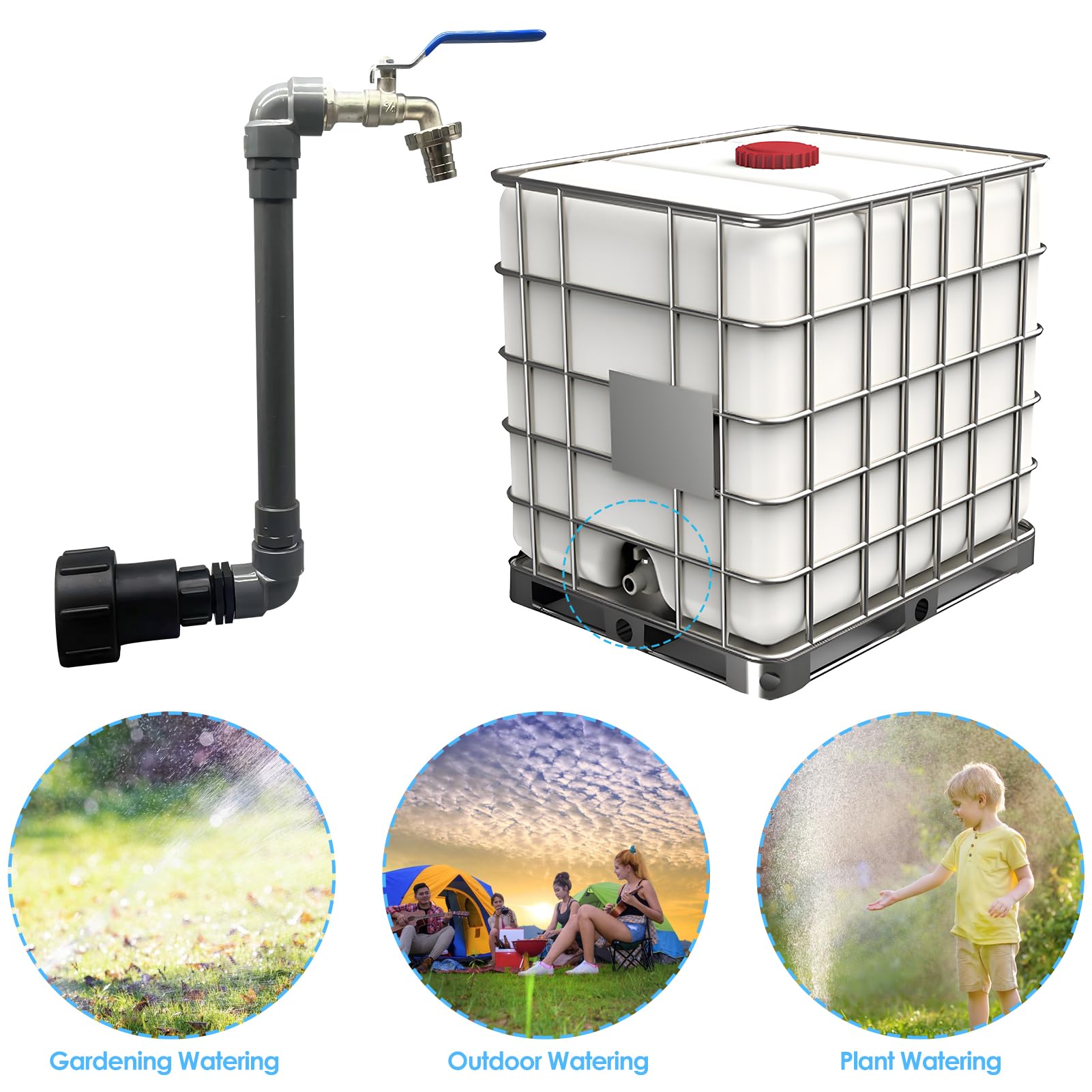 Robinet Cuve 1000L 3/4" S60X6 IBC, 2 en 1 Extension Intégrée, Raccord Cuve 1000 litres, Robinet Col de Cygne de Cuve, Adaptateur de Réservoir IBC Adaptateur Cuve (3/4")