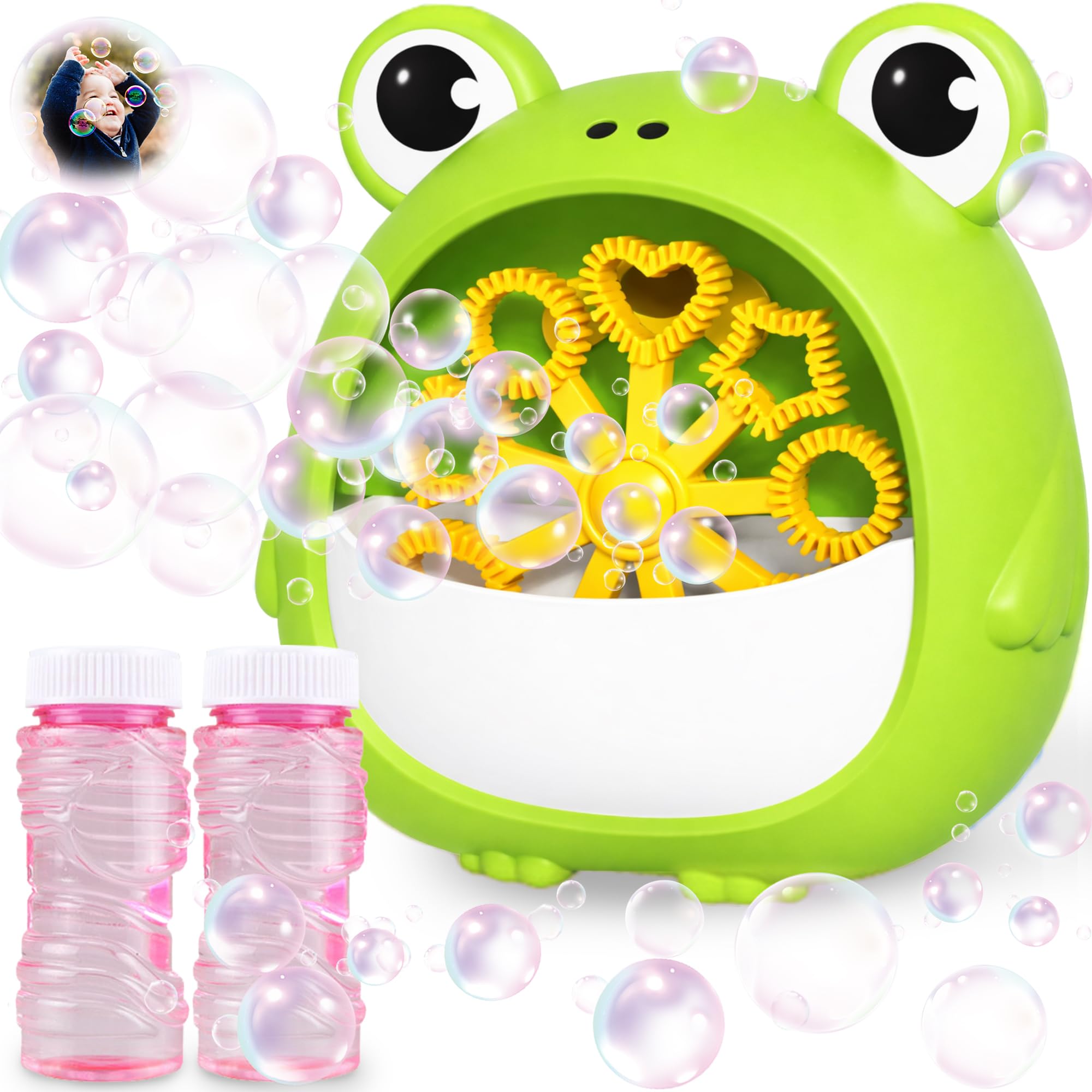 Chennyfun Máquina de Burbujas Rana para Niño, Juguete Portátil y Automática Hacer Burbujas 2000+/Min, Máquina de Soplado Burbujas con Solucione, Interior Exteriores Boda Fiesta Regalo Cumpleaño Juegos