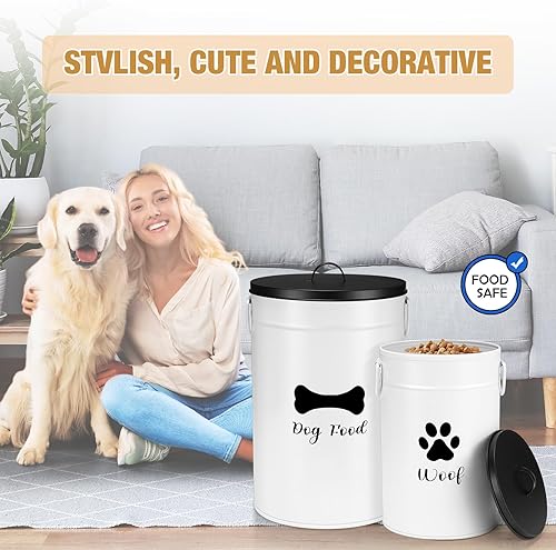 Miniatura 6 de Juego de 2 recipientes de metal extra grandes de 30 + 14 libras de almacenamiento de alimentos para perros, con tapas y cuchara, estilo casa