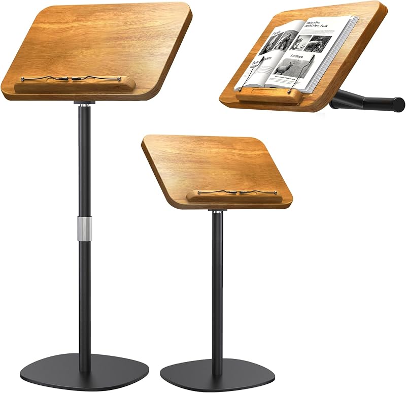 Atril de música de piso y soporte para libros de escritorio 2 en 1, altura ajustable de 16,5 a 51 pulgadas | 100% madera maciza, soporte de lectura de suelo con clip de página para partituras, libros de cocina, proyector (madera de caucho, panel de 11,8" x 16,5")
