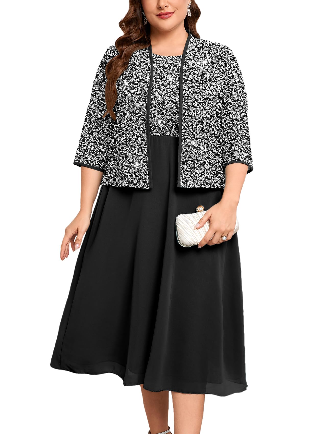 ZOMVA Plus Size Sparkly Mother of The Bride Dresses with Jacket 2 Piece Chiffon A-Line Dress Wedding Guest Formal