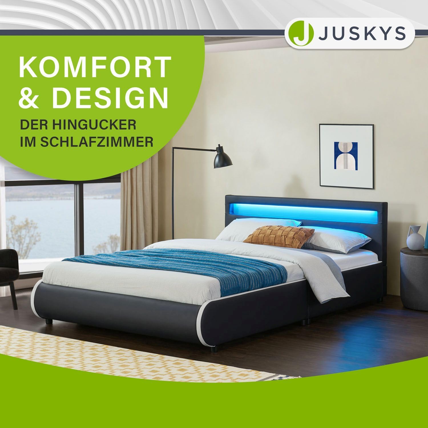 Juskys Polsterbett Sevilla 140x200 cm mit Matratze, LED Beleuchtung, Lattenrost & Kopfteil - Holz & Kunstleder - 16 Farbeinstellungen & Fernbedienung - Bett Jugendbett Einzelbett - Schwarz