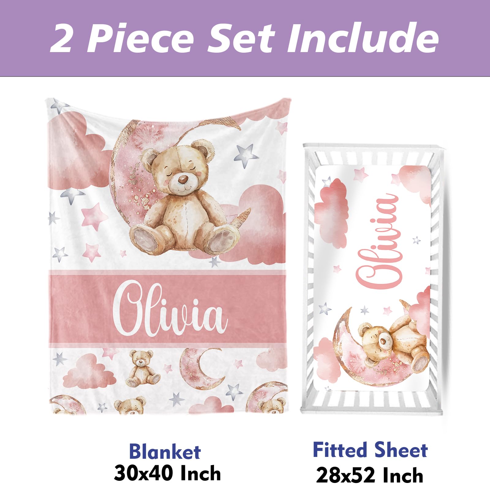 HSHRYY Personalized Name Baby Crib Bedding Set, Custom 2 Piece Set for Girls, Soft Blanket with Dotted Backing and Fitted Sheet, Perfect for Baby Newborn Shower Gift, Pink Bear with Moon