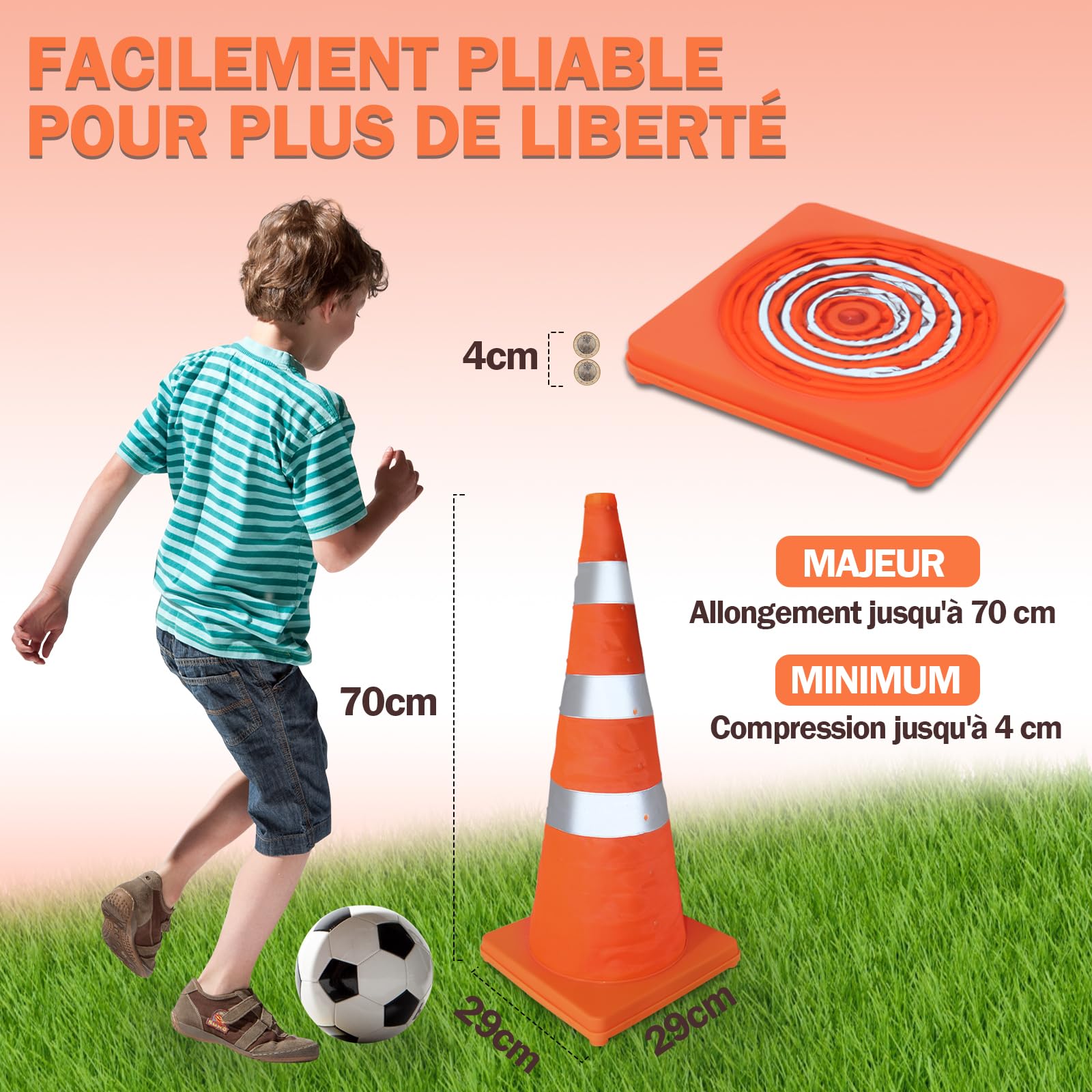 Valchoose 4 Cônes de Signalisation Pliables, 75 cm, Bandes Réfléchissantes | Plots de chantier et cônes de sécurité orange avec 3 bandes réfléchissantes – pour travaux, parking, route et urgence