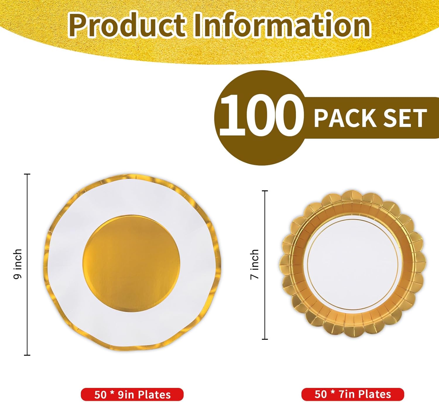 Gold and White Party Plates 100pk, Paper Plates with 50pk Dinner Plates & 50pk Dessert Plates - Disposable Plates Bulk Set Family Dinner Holiday Wedding Anniversary Birthday Party Dishware - Image 2