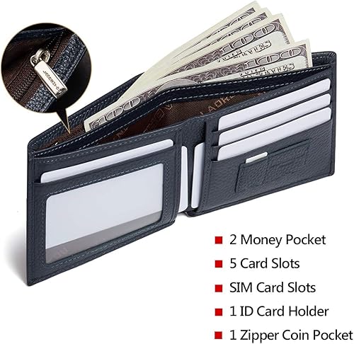 Miniatura 3 de LAORENTOU Men's Wallets Genuine Leather Mens Bifold Wallets with Zipper Coin Pocket Casual Men Purse Slim Wallet