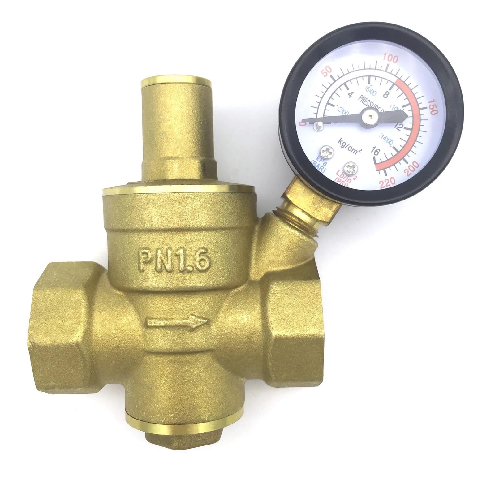 Válvula Reductora y retenedora de presión de Agua de latón DN15, regulador de 1/2", válvula de Alivio Ajustable, manómetro for válvula de Agua, Aceite y Gas para Riego(with Gauge)
