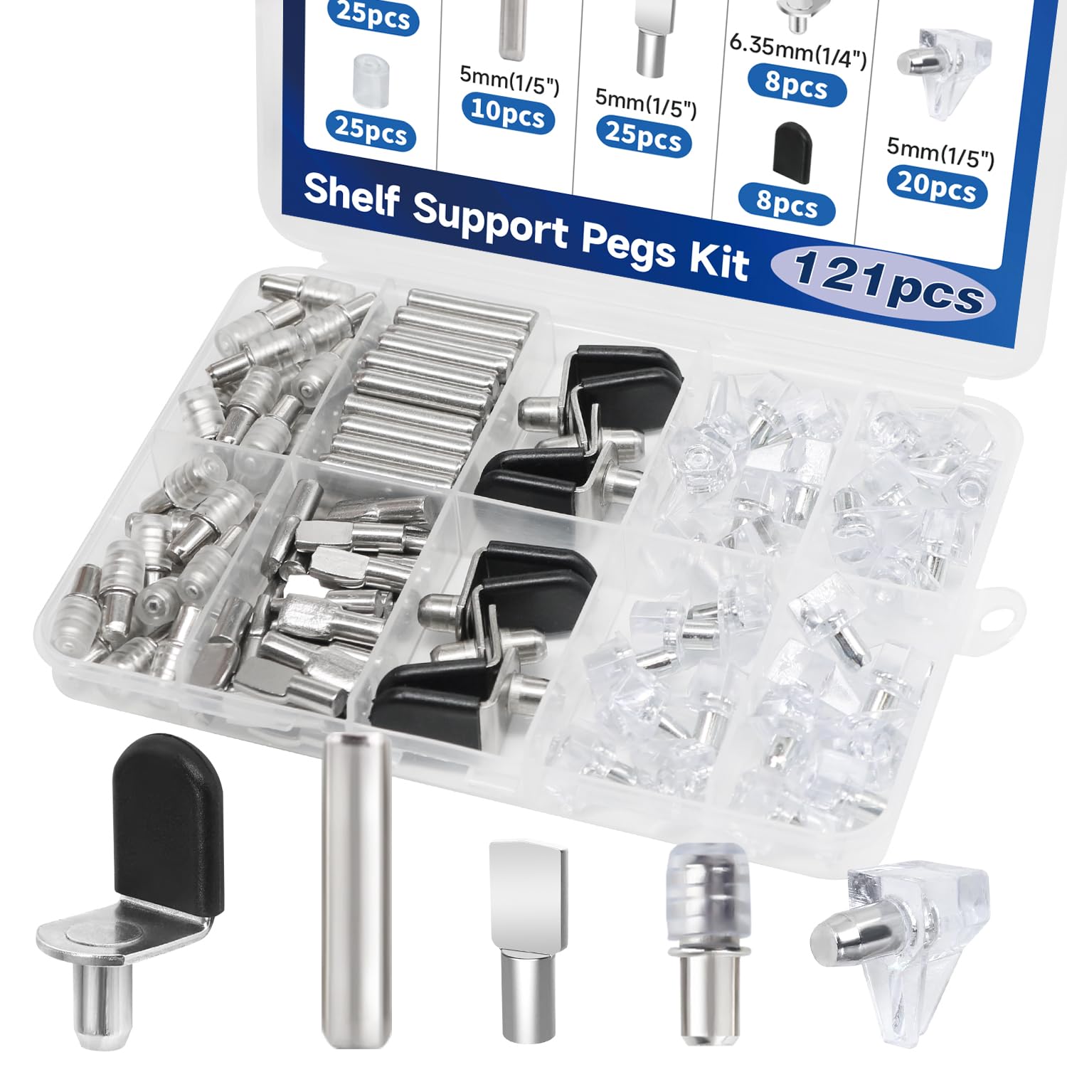 121PCS Black Cabinet Shelf Support Pegs Kit 5 Styles Pins for Wood Shelving Nickel Plated Shelf Holders Peg for Shelves 5mm 6.35mm (1/5inch 1/4inch) YY029-Kit-B — Amazon image 8