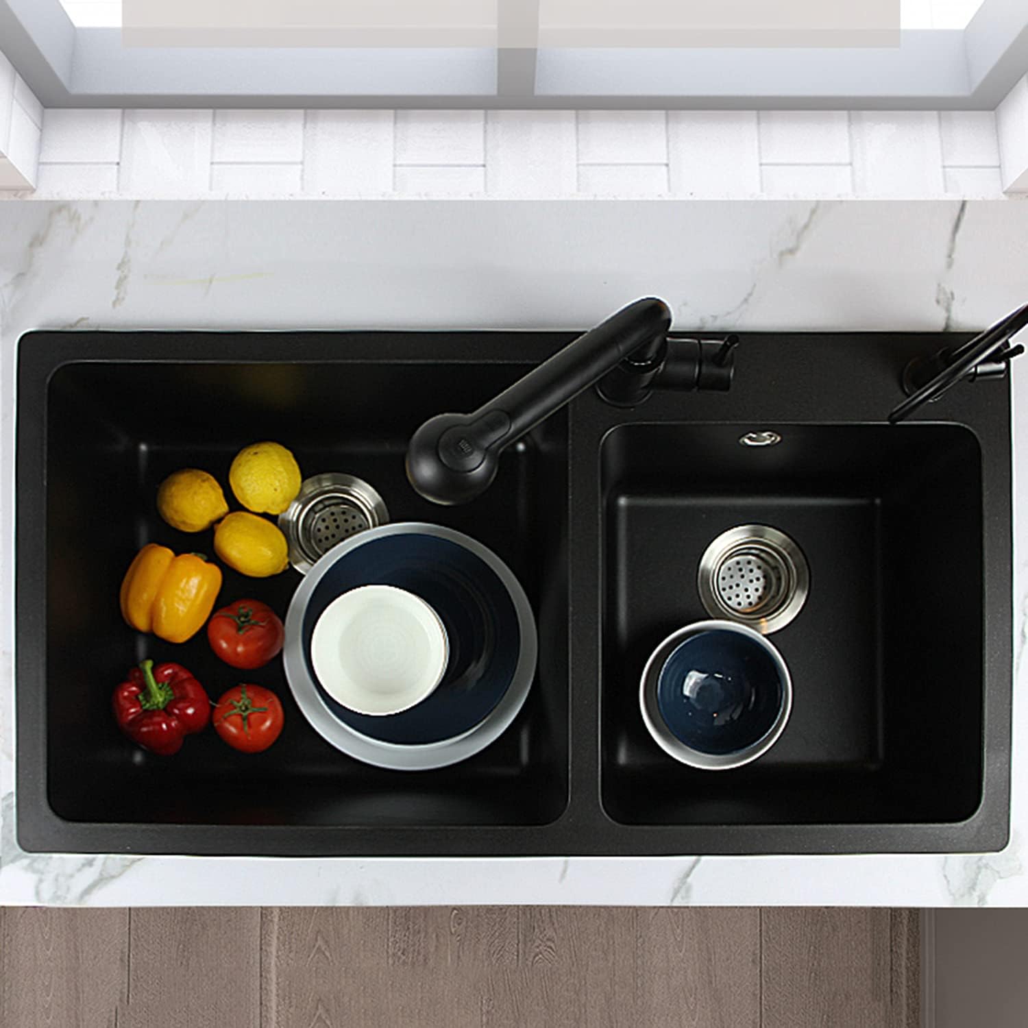 Large Rectangular Double Bowl Sink, Black Quartz Stone Sink for Restaurant Bar Counter (B 78 * 43 * 20cm) (A 80 * 45 * 20cm)