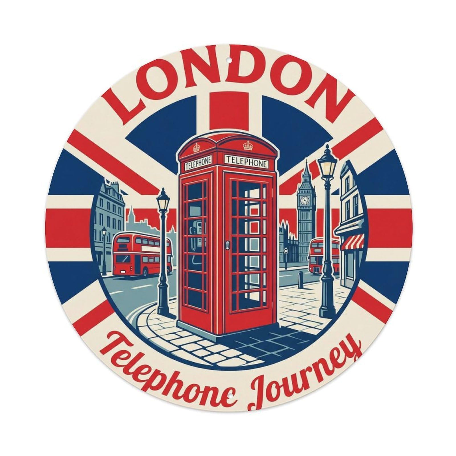 England Landmark Telephone City Europe Classic Destination Metal Tin Sign Plaque Wall Decor for Cafe, Man Cave, Club Bar, Office, Home Garden Round Metal Poster 8x8Inch