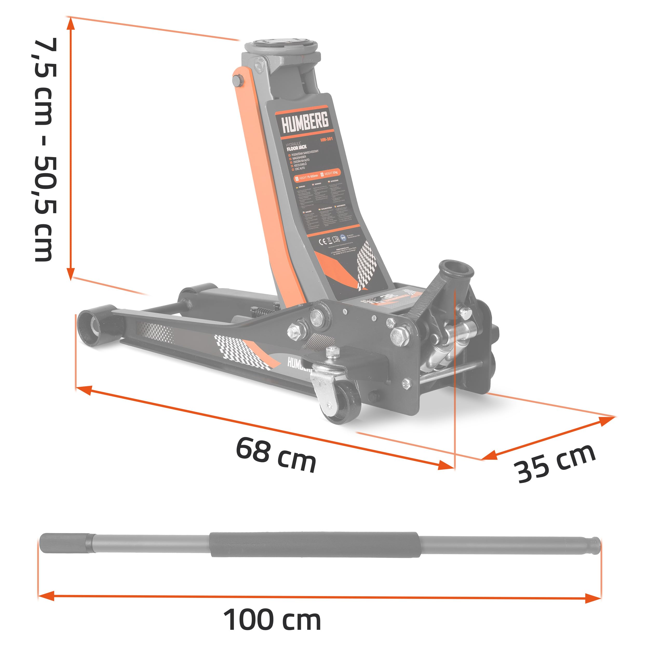 Humberg Hydrauliczny podnośnik samochodowy 3 tony 75 mm - 505 mm z 2 gumowymi podkładkami i zaworem bezpieczeństwa z podwójnym tłokiem o niskim profilu