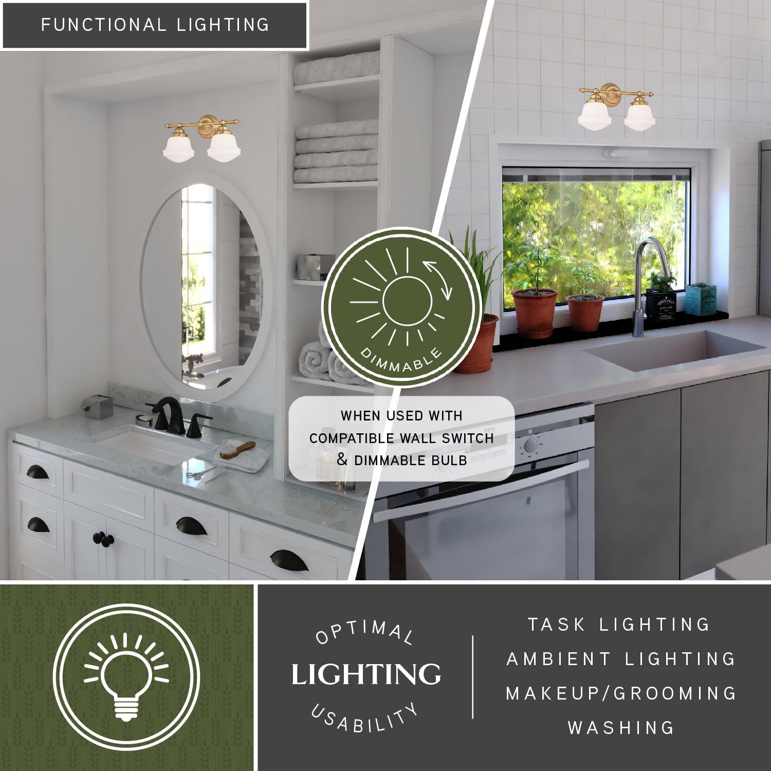 VAXCEL Huntley 2-Light 16 inch Wide Natural Brass Gold Farmhouse Bathroom Vanity Lighting Fixture, White Schoolhouse Milk Glass Globe Shade, Dimmable, LED Compatible, Over The Mirror Wall Mounted
