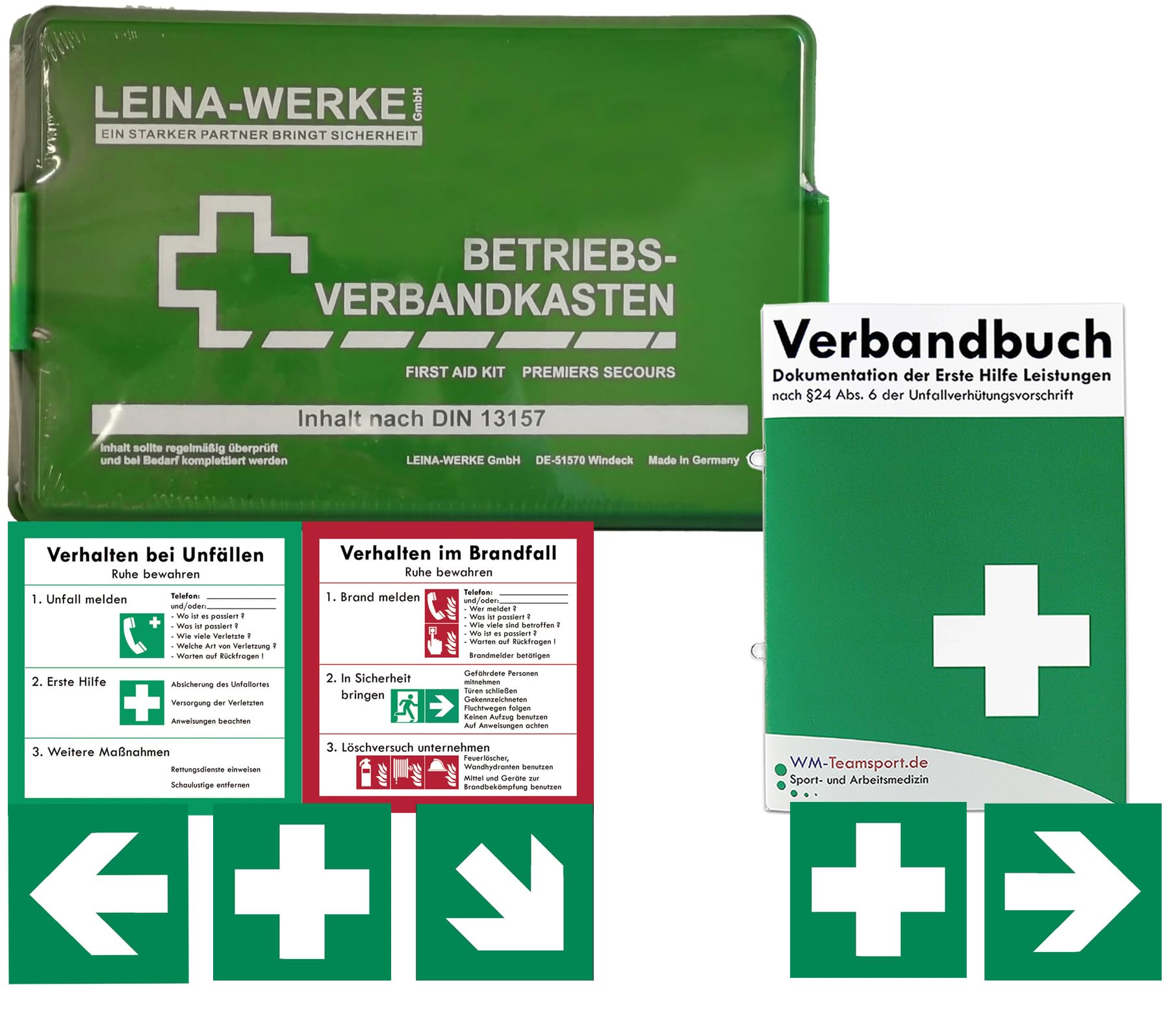 Betriebs-Verbandkasten DIN13157 mit Halterung Made in Germany + -Paket 1- Folienaufkleber -> Sicheitszeichen + Verhalten bei Unfällen + Verhalten im Brandfall