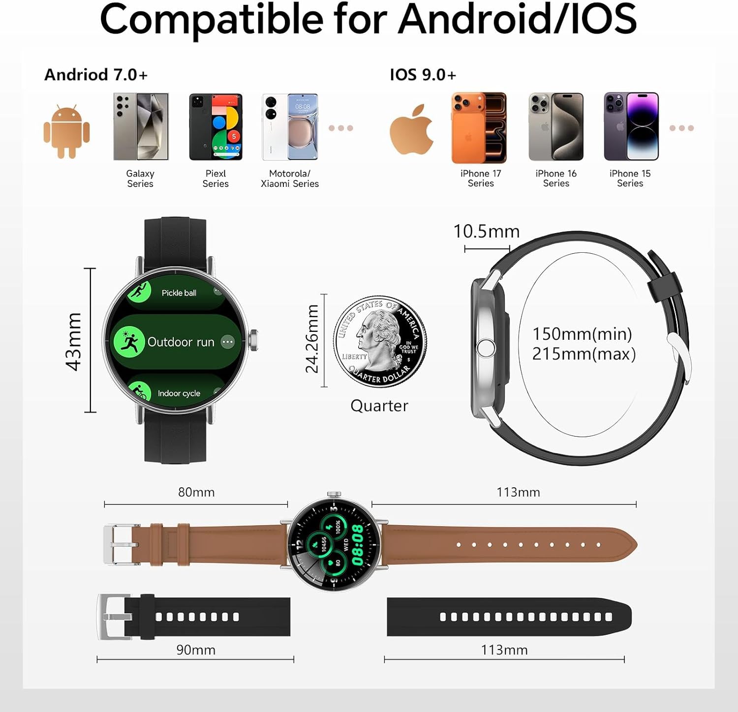 Yoever Smart Watches for Men Women,1.57"HD 43mm Smartwatch for iPhone/Samsung/Android,(Answer/Make Call),Fitness Tracker with Heart Rate/SpO2/Sleep Monitor,IP68 Waterproof,110+ Sport Mode,with 2 Bands