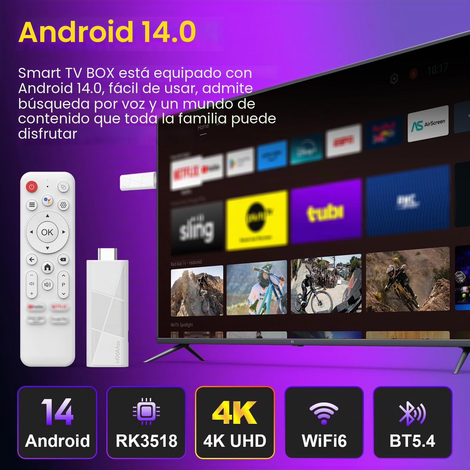 H96 MAX Android 14.0 TV Stick ATV RK 3518 Quad-Core 16GB WiFi6 2.4G/5.8Ghz BT5.0 4K AV1 Ultra HD Control de voz Reproductor doméstico inteligente