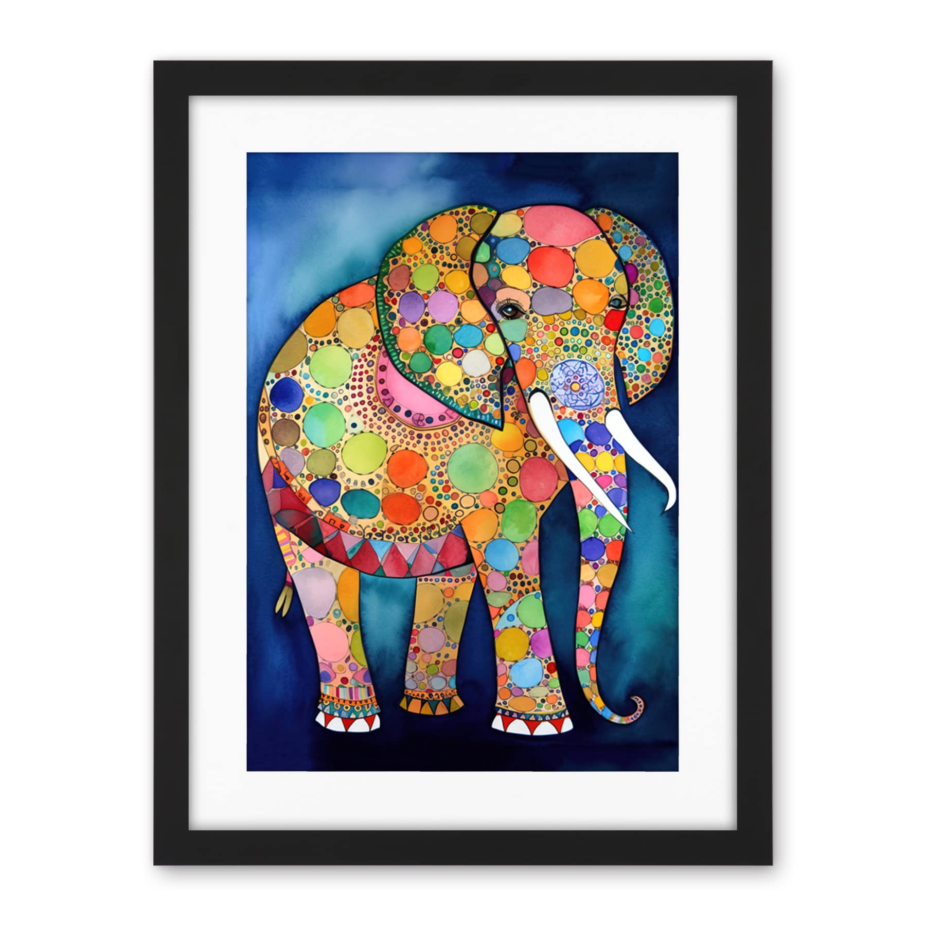 Artery8 Elephant With Patterns Folk Art Watercolour Painting Artwork Framed Wall Art Print 18X24 Inch