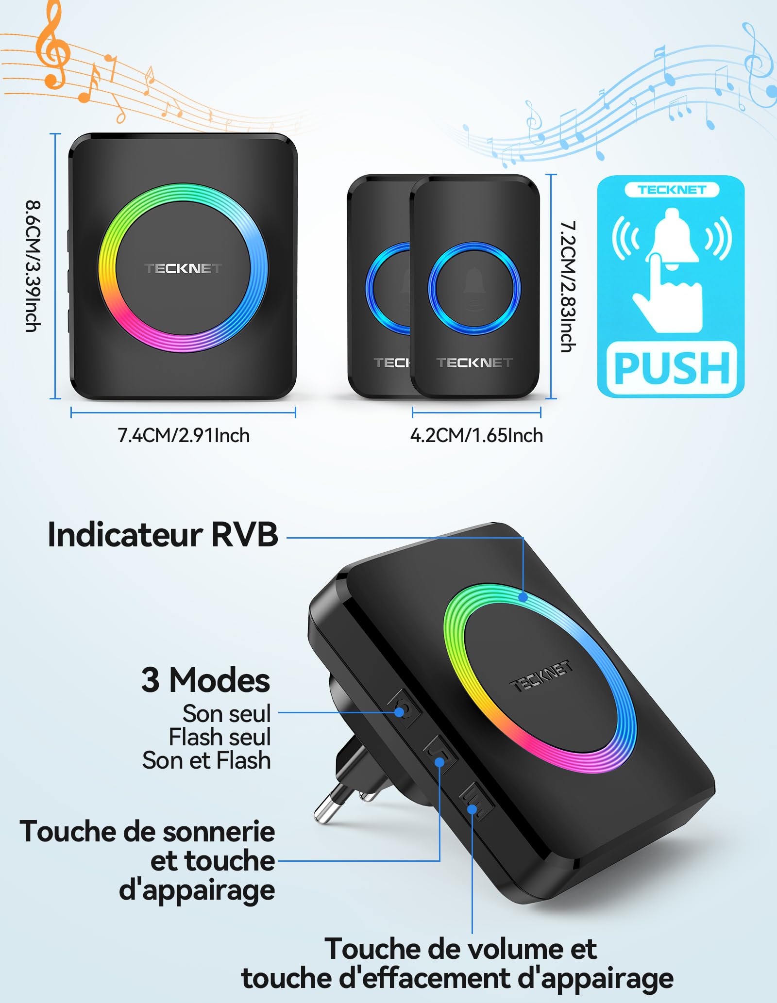 TECKNET Sonnette sans Fil Exterieur Etanche, Sonnette sans Fil Portée 600m, Kit de Sonnette avec 1 Récepteur Enfichable et 2 émetteurs, Indicateur RVB, 60 Mélodies, 5 Niveaux de Volume