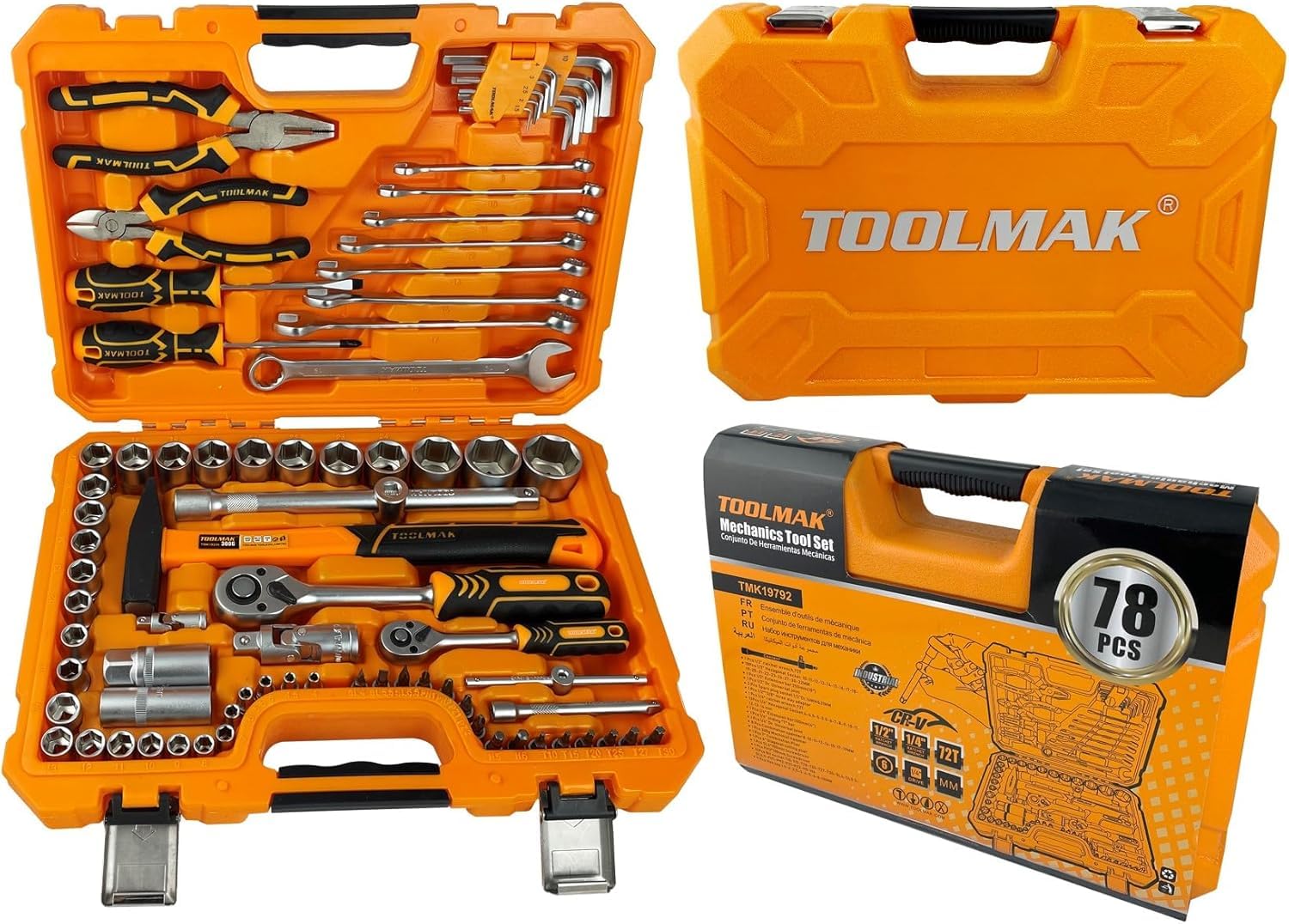 Set di Attrezzi Meccanici 78 Pezzi, Chiavi a Bussola 1/2” e 1/4”, Cricchetti 72T, Martello, Pinze e Cacciaviti, Chiavi Combinate, Valigetta Professionale per Auto, Casa e Fai da te