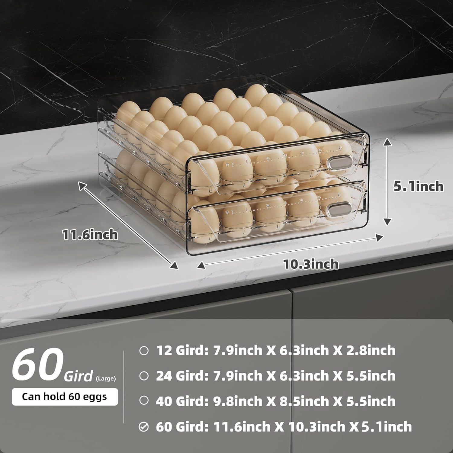 Soporte transparente para 60 huevos para refrigerador, contenedor de alta capacidad con escala de tiempo, dispensador organizador apilable para refrigerador con cajones (2 capas, 11.6 x 10.2 3