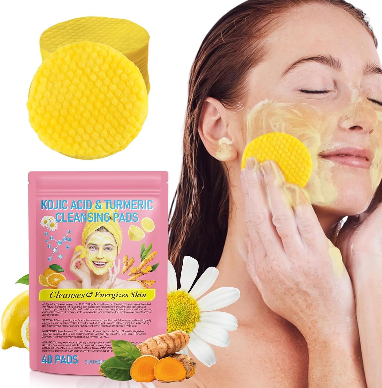 Turmeric Cleansing Pads, Natural Kojic Acid & Turmeric Cleansing Cotton Exfoliating Pad for Face, Helps Balance Skin Oil for Daily Face Cleansing (40)