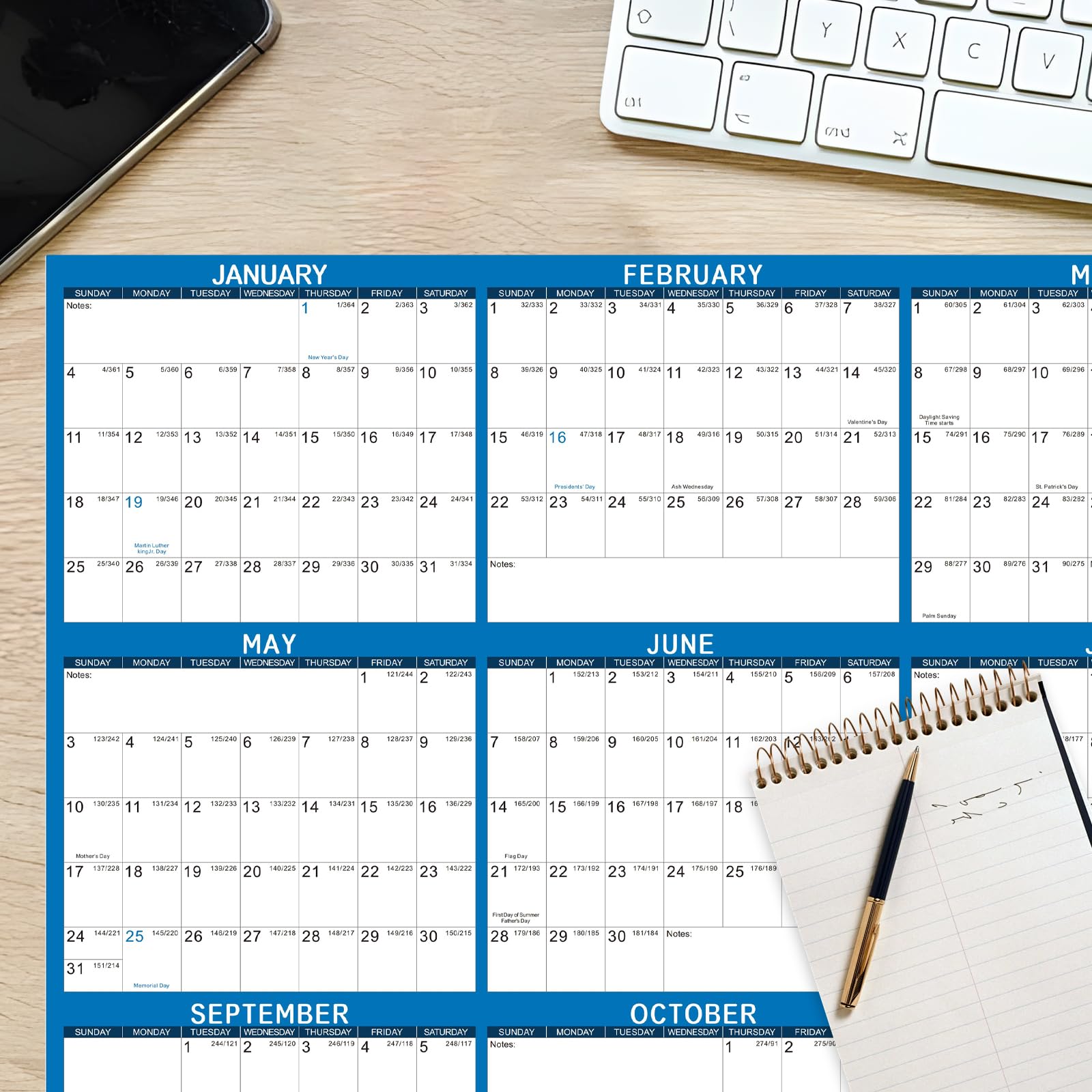 Calendario da parete 2026, 61 x 91,4 cm, cancellabile a secco, da gennaio 2026 a dicembre 2026, 12 mesi, annuale, grande, per ufficio e scuola (blu)