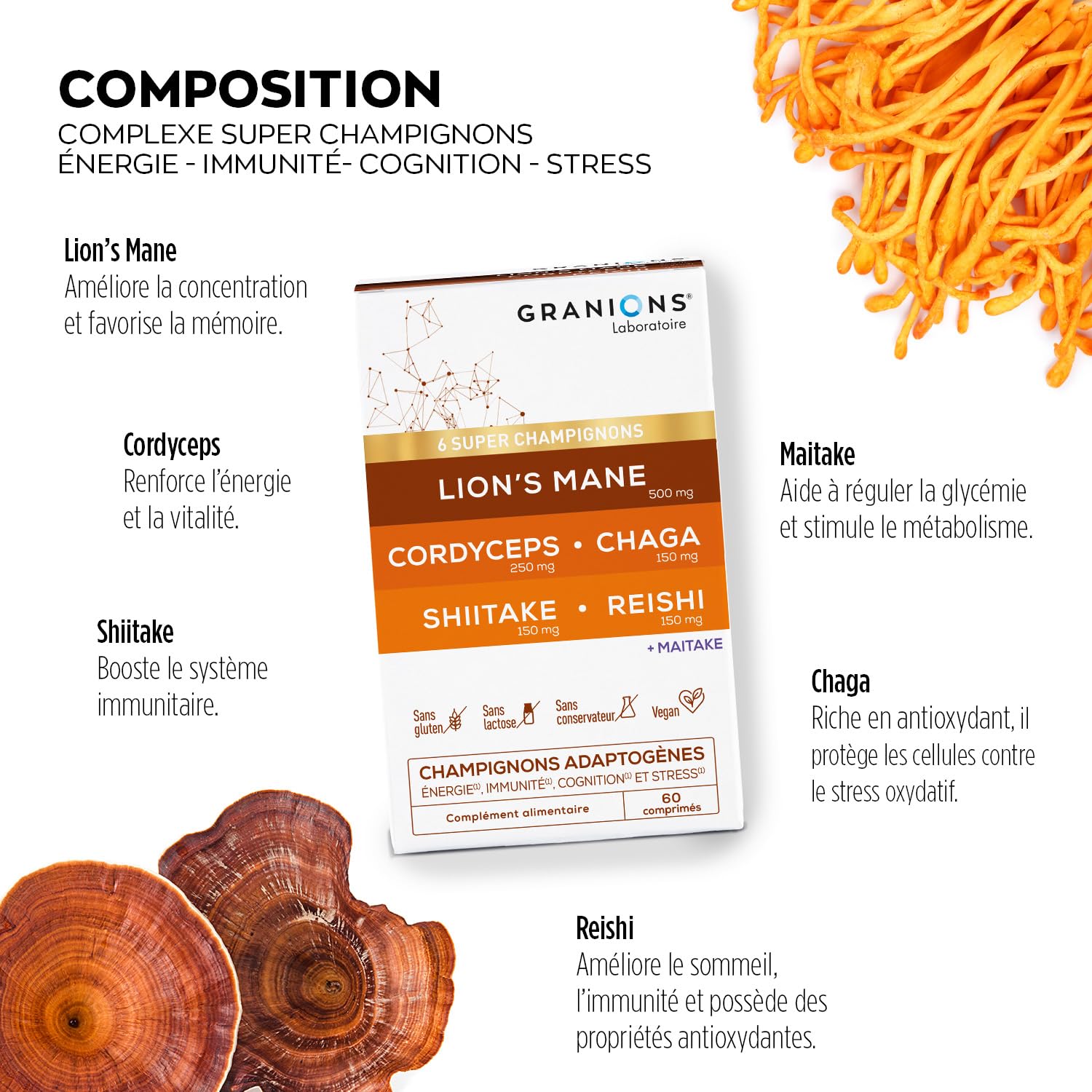 GRANIONS – Complexe Super Champignons Adaptogenes – LIONS MANE + CHAMPIGNONS CORDYCEPS + reishi + chaga + shiitake + maitake – energie immunite cognition stress – vegan 60 comprimes – 1 MOIS