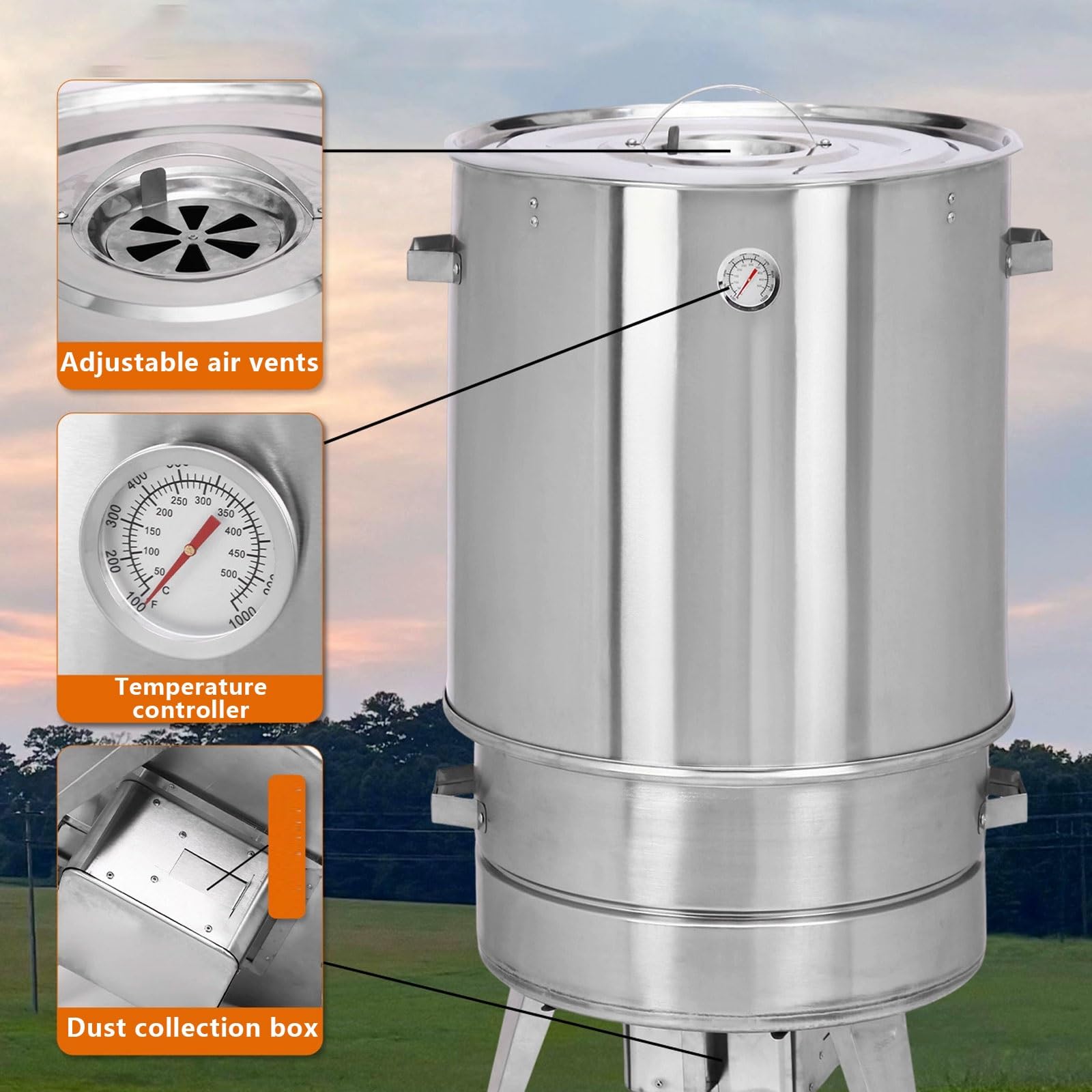 Ahumador Barril Asador De Carne Material De Acero Inoxidable Asador De 360° Incluye Termómetro Y Recipiente para Cenizas 50 Cm De Diámetro Parrillero