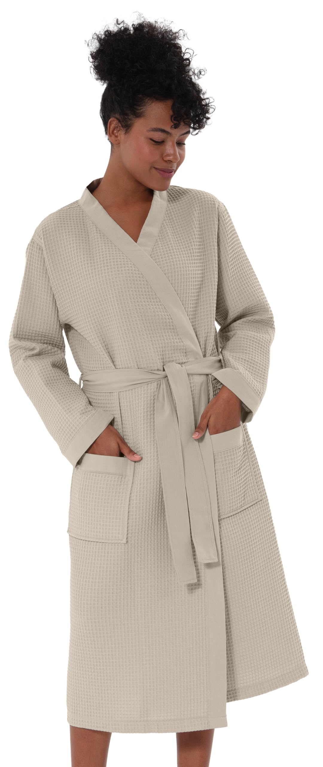 SEYANTE Women's Organic Cotton Waffle Kimono, Hooded Robe – GOTS Certified Lightweight Full-Length Spa Bathrobe with Piping