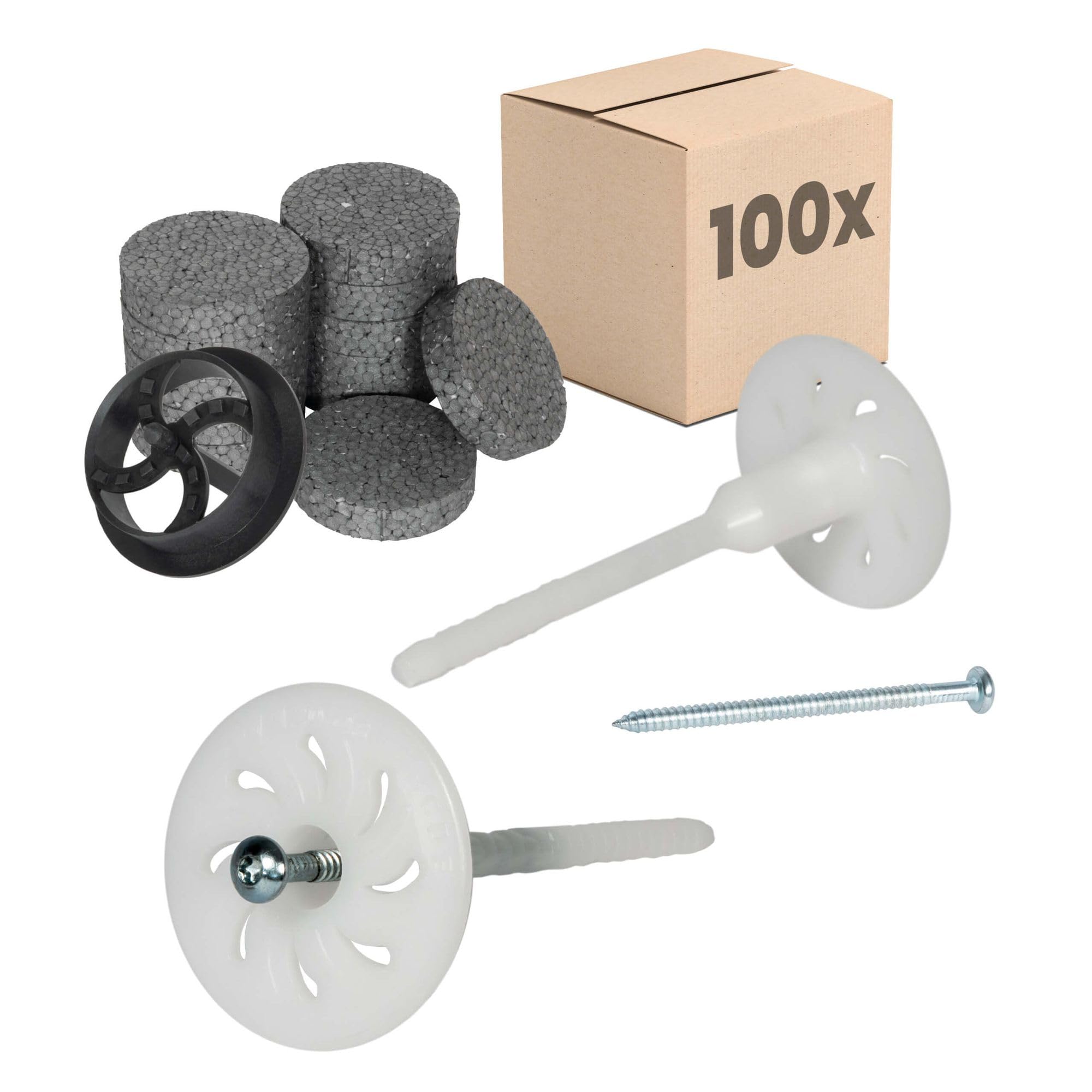 PROTEKTOR 100x Tasselli a vite per isolante, premontati Ø8 x 180mm | Tassello cappotto termico incl. 200 rondelle + 1 fresa per isolamento facciata con vite in acciaio zincato