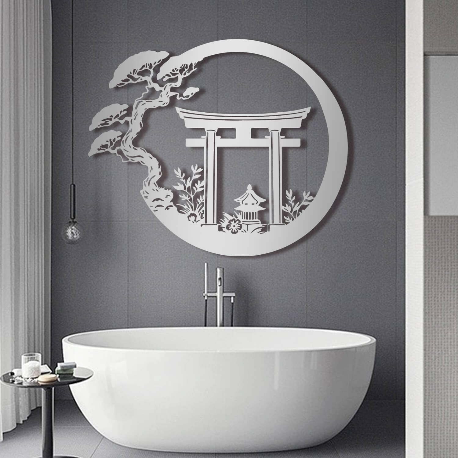 Paysage shintoïste métal déco murale Torii japonais nature argent