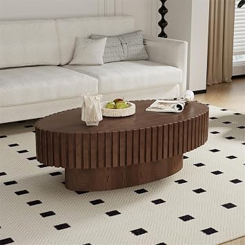 Oval Drum Coffee Table Handcrafted Fluted Coffee Table (43.3 Brown Oval)